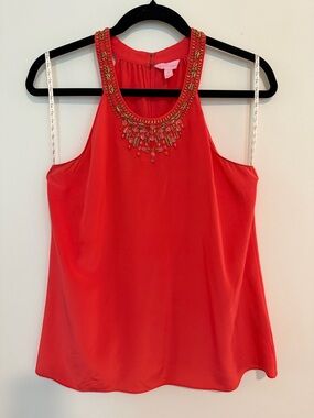 *EUC* Lilly Pulitzer SILK Red Beaded Neckline Tank Top / Blouse